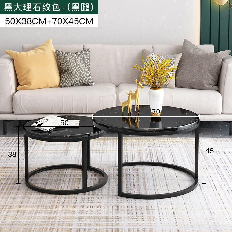 森美人北欧轻奢茶几桌客厅家用仿大理石小茶几简约小户型铁艺小圆桌 黑色大理石纹+黑腿（70+50）