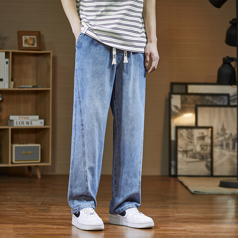 [2.5折价108元]唐狮春夏季新款牛仔裤男宽松抽绳阔腿裤美式潮牌经典百搭裤子男