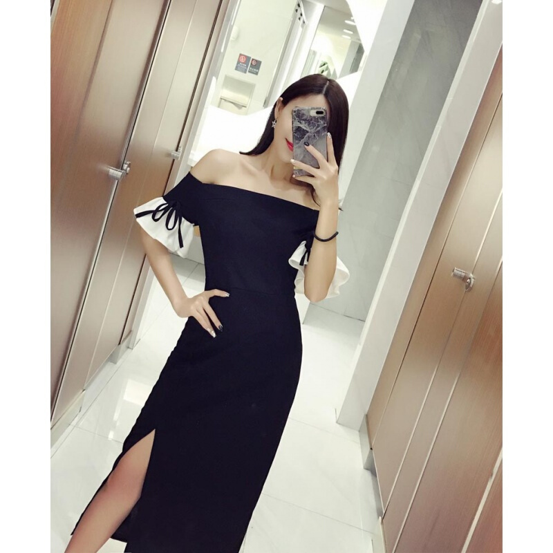 夜店气质名媛性感一字领露肩喇叭袖修身高开叉连衣裙2018夏季新款黑色