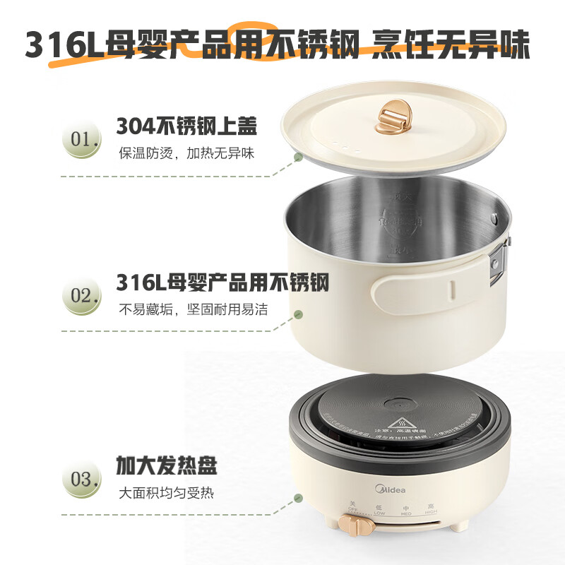 美的(Midea)电火锅1.2升分体式折叠锅小电锅316L不锈钢0涂层旅行出差烧水电水壶电煮锅MC-XZC16X01高清大图