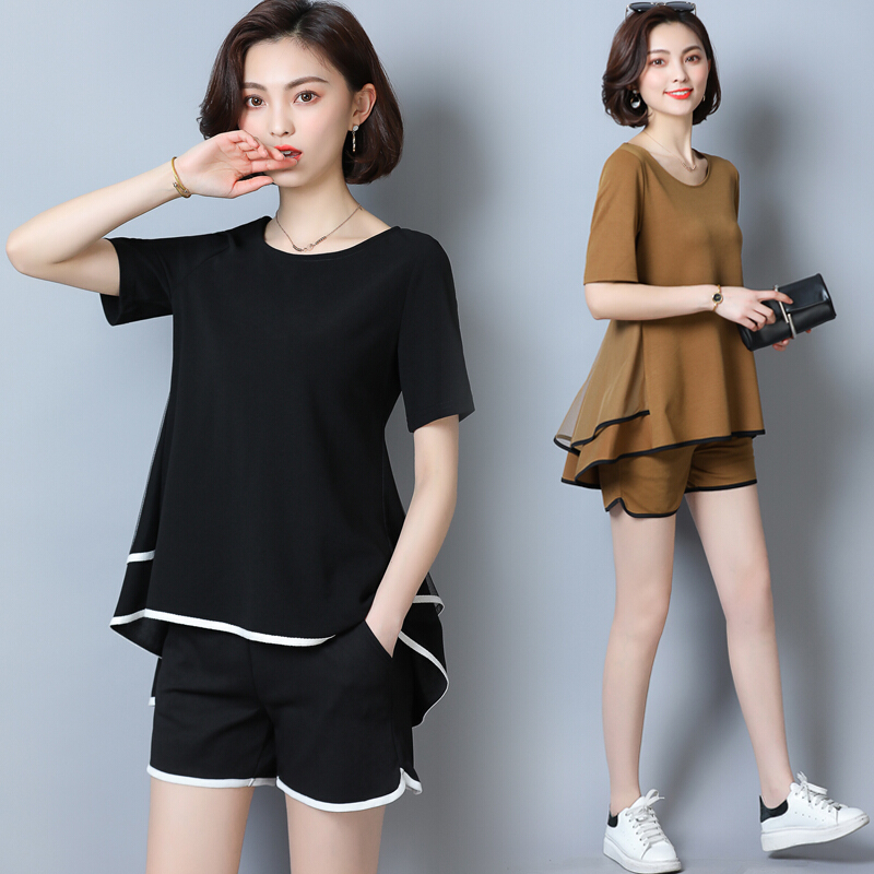 大码女装2018夏季洋气套装微胖mm心机遮肚上衣短裤显瘦两件套lm