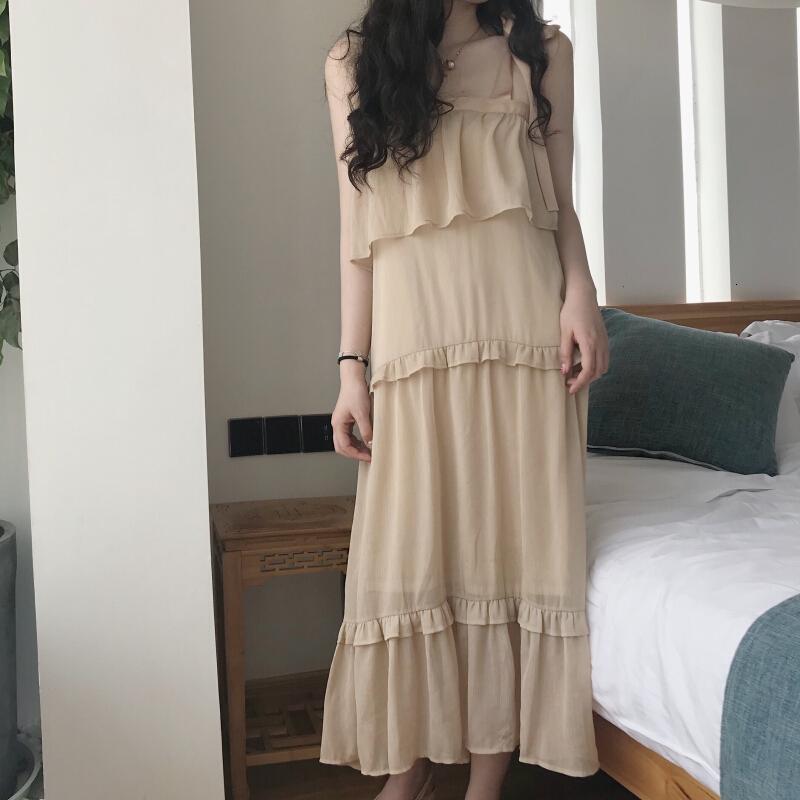 少女心温柔裙夏装2018荷叶边褶皱奶油裙复古小仙女带连衣裙图片色