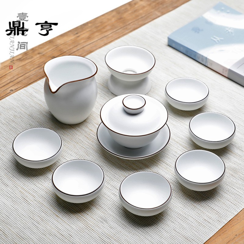 鼎亨哑光脂白功夫茶具套装家用办公简约茶具陶瓷盖碗茶杯整套礼盒