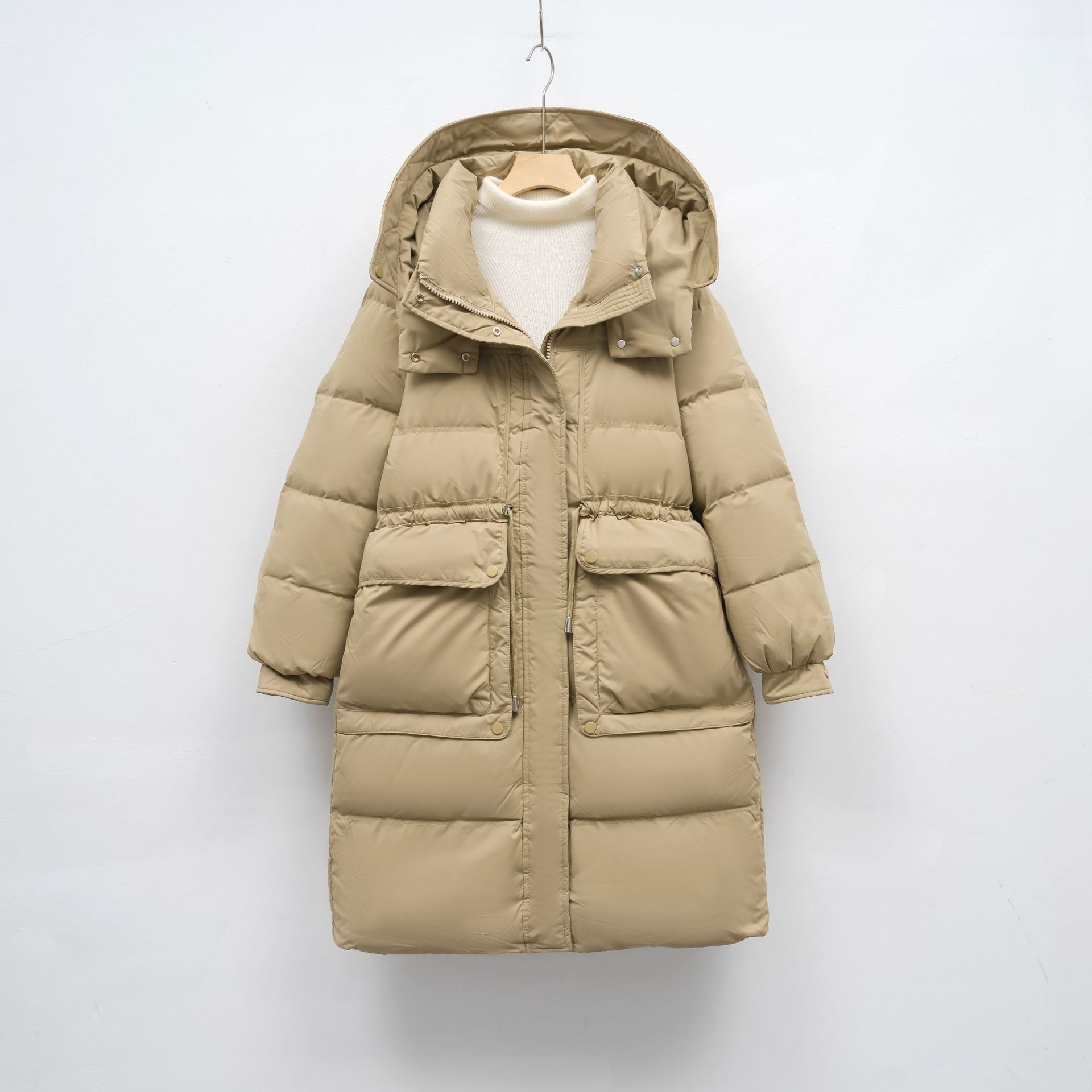 冬季中长款韩版宽松白鸭绒时尚外套收腰保暖连帽羽绒服女 卡其色 L