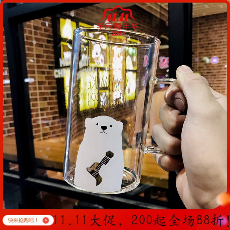 美帮汇玻璃杯女带盖带把吸管杯超萌大容量马克杯办公室水杯奶昔杯子高清大图