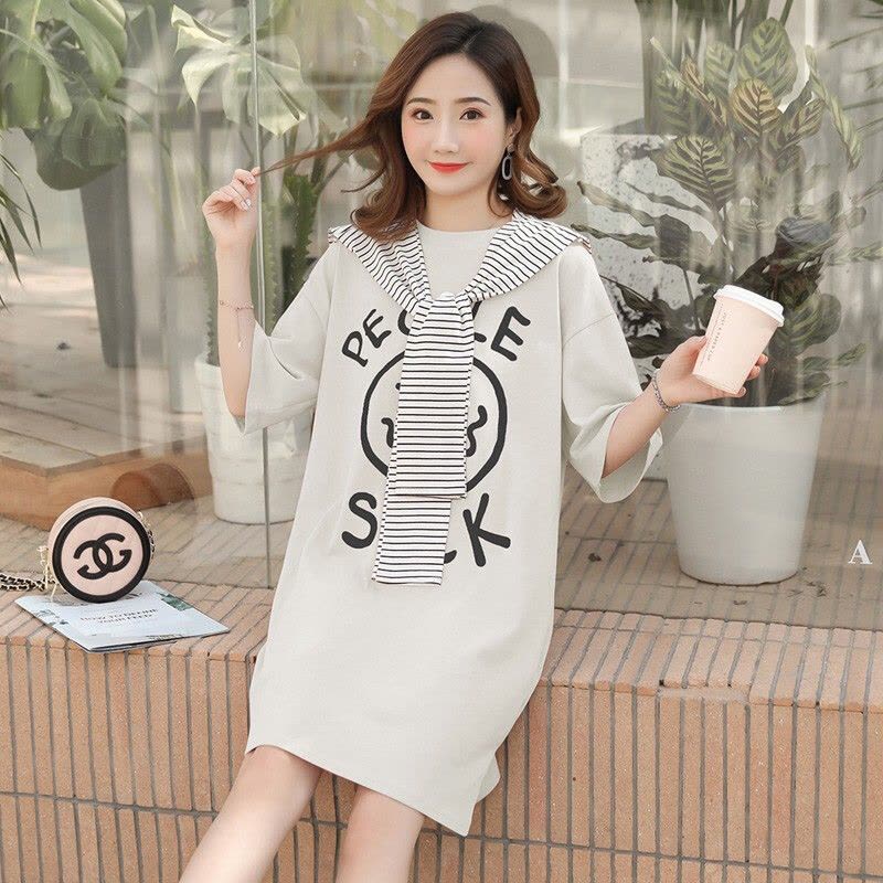 迪鲁奥(DILUAO)孕妇装夏装外出2021新款条纹披肩孕妇连衣裙中长款时尚潮妈孕妇裙子夏季宽松透气T恤图片