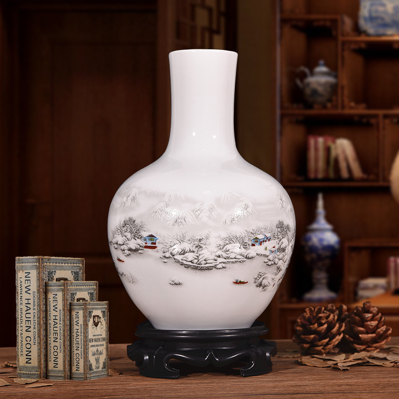 家居白色小花瓶插花陶瓷器现代客厅电视柜装饰工艺品摆件-雪景冬瓜瓶送底座