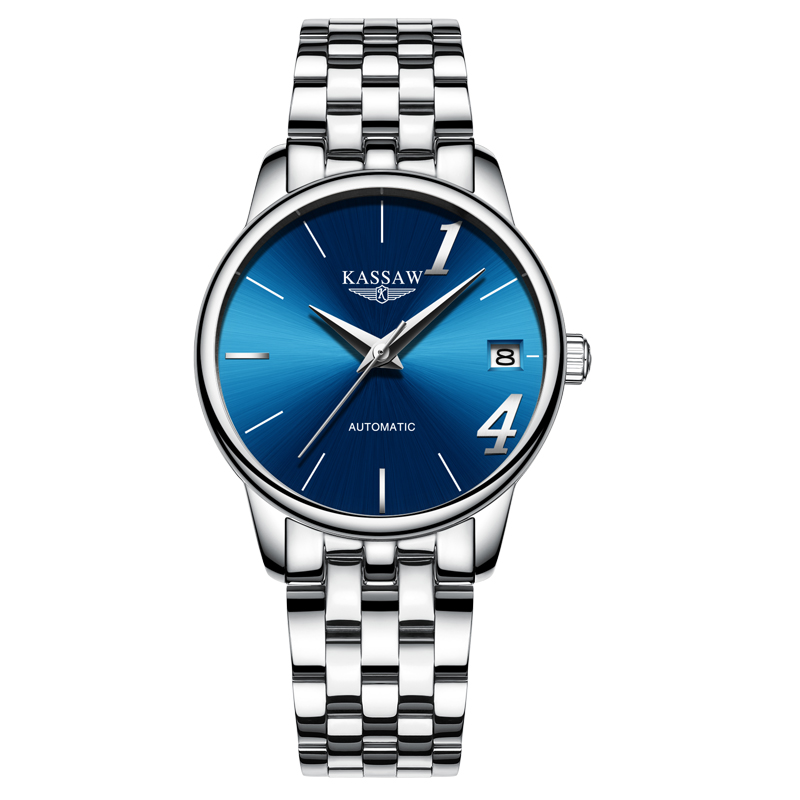 卡梭(KASSAW)手表全自动机械表情侣表防水时尚商务男表女表情侣手表一对1314 白壳蓝面钢带女表