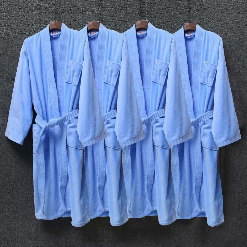 款割绒纯棉浴袍四季通用星级酒店美容院吸水速干浴衣 纯棉蓝色和服领