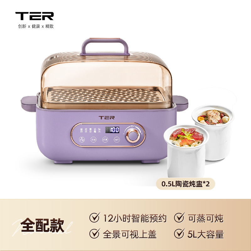 泰瑞达(TER)蒸炖锅电蒸锅多功能家用电炖锅隔水炖盅全自动预约蒸煮锅 T-ZG01 木槿紫带炖盅