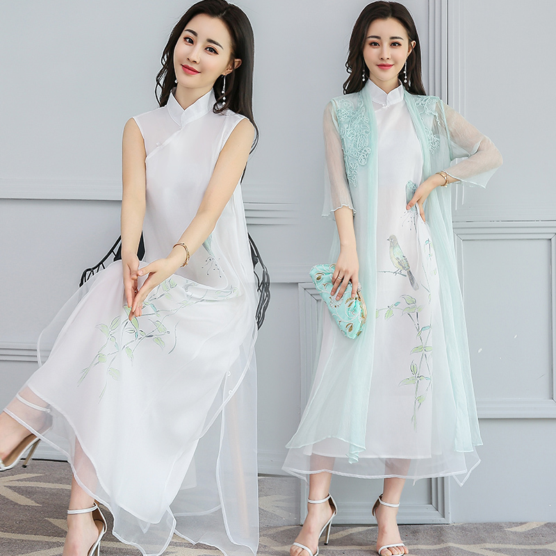 中国风女装复古连衣裙女士春夏新品文艺改良旗袍长裙禅意茶服套装