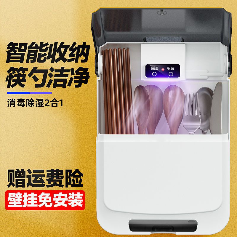 黑色 壁挂式筷子筒【防尘无功能】 智能消毒筷子筒带盖沥水免打孔防霉壁挂式收纳盒全自动家用多功能