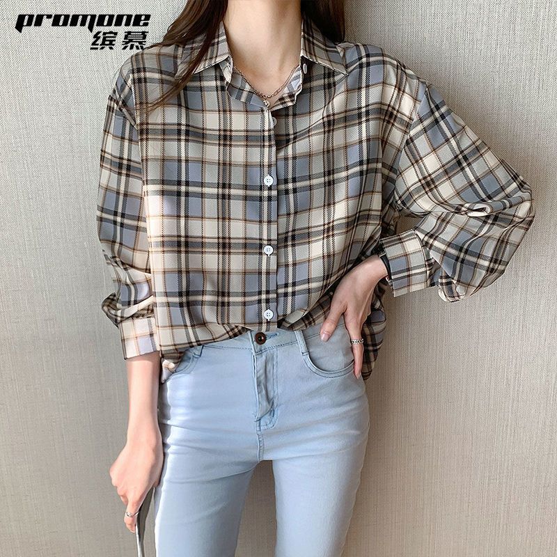 promone衬衫女新款格子长袖宽松外穿衬衣设计感小众上衣