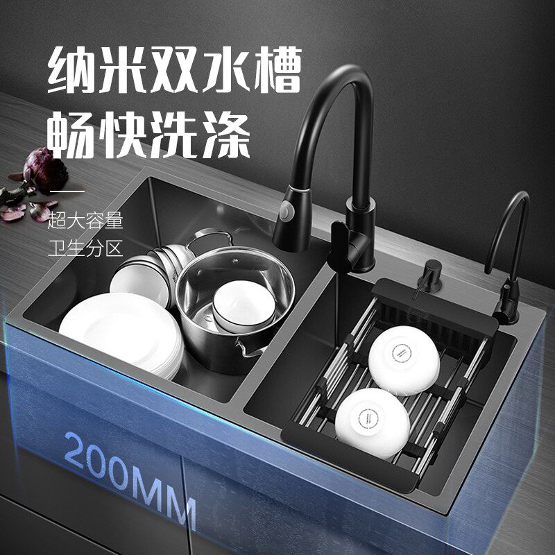厨房水槽双槽加厚不锈钢手工水槽双槽纳米厨房家用洗菜盆洗碗盆高清大图