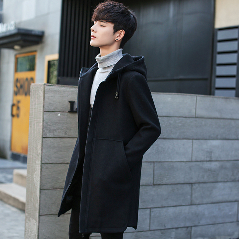yuansu狮邦男士毛呢大衣冬季连帽呢子外套男中长款加厚风衣青年修身