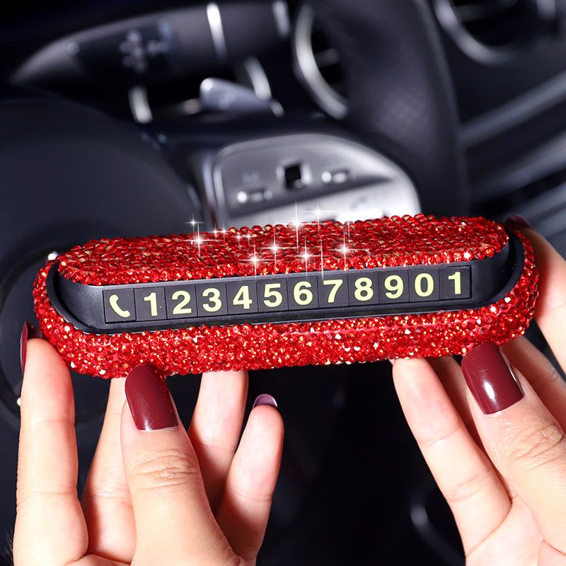 【补贴10%】汽车临时停车牌车号码牌车内挪车电话牌数字贴镶钻创意停车卡用品 满钻隐藏停车卡（红）