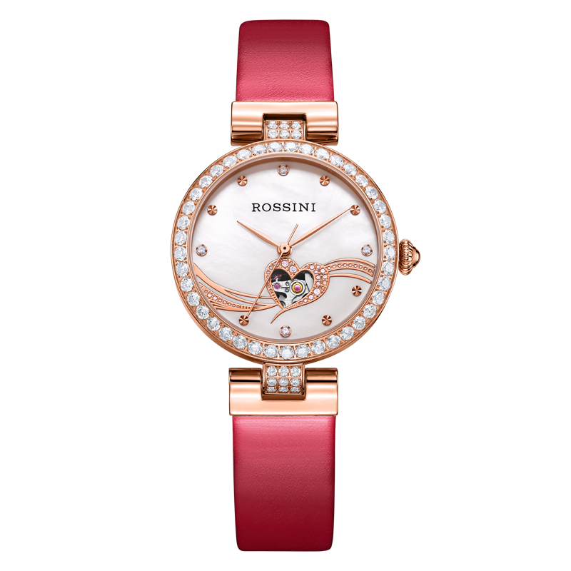 罗西尼rossini手表典美系列陶瓷钢带白盘贝母盘女士腕表心形镂空机械