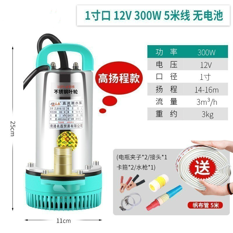 汐岩直流潜水泵水泵家用抽水12v24v480v小型电瓶车抽水泵农用 高扬程款1寸12V300W5米线送5米管高清大图