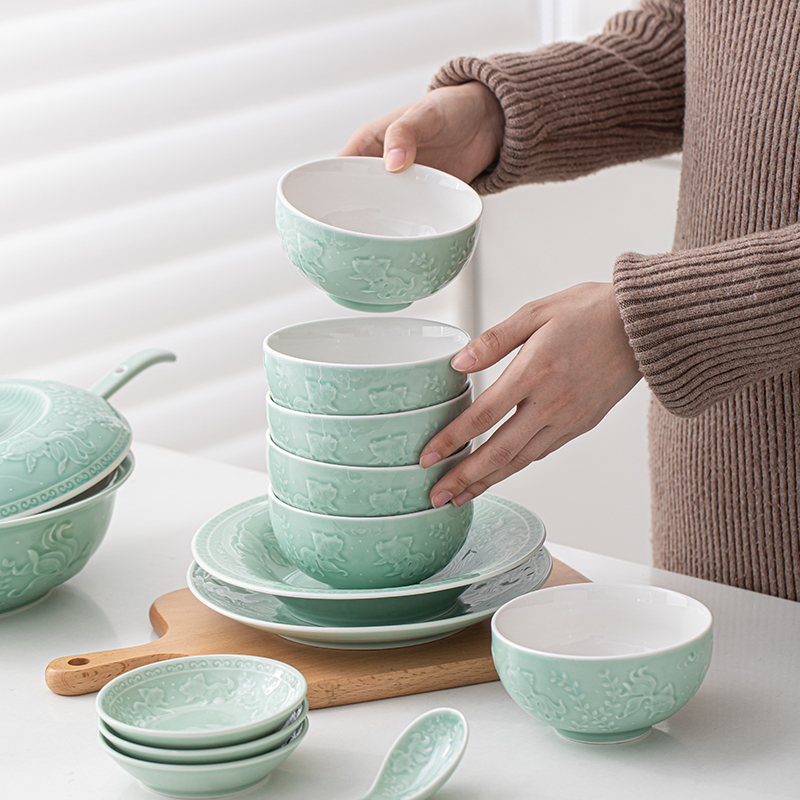 苏氏陶瓷 SUSHI CERAMICS 青瓷套装餐具年年有余25头陶瓷盘碗礼盒装节日礼物高清大图