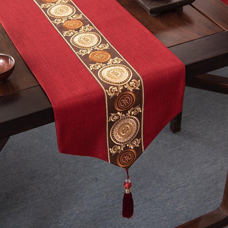新中式禅意桌旗美式茶几餐桌布艺长条电视柜盖巾现代简约北欧床旗 阖家圆-红色 33*240cm(适用桌长1.9米-2米)
