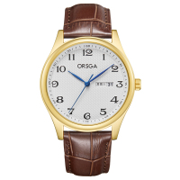 ORSGA手表男简约男士手表双日历时尚休闲经典学生男表石英表腕表8818G 棕色皮带金壳