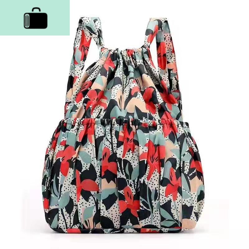 2020新款尼龙防水印花时尚双肩包旅行背包户外健身抽带NEW LAKE 栗色升级版喇叭花