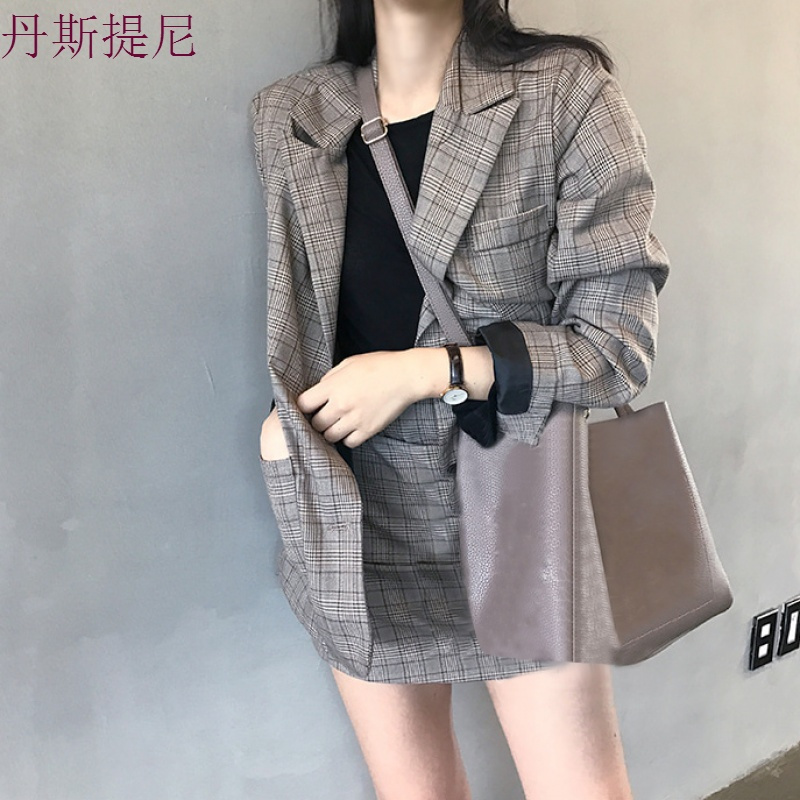 春装韩版复古英伦格子西装外套时尚套装+高腰半身裙短裙两件套女