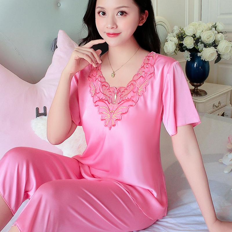 suntek夏季短袖冰丝睡衣女夏天冰丝九分裤套装纯色两件套女士新款家居