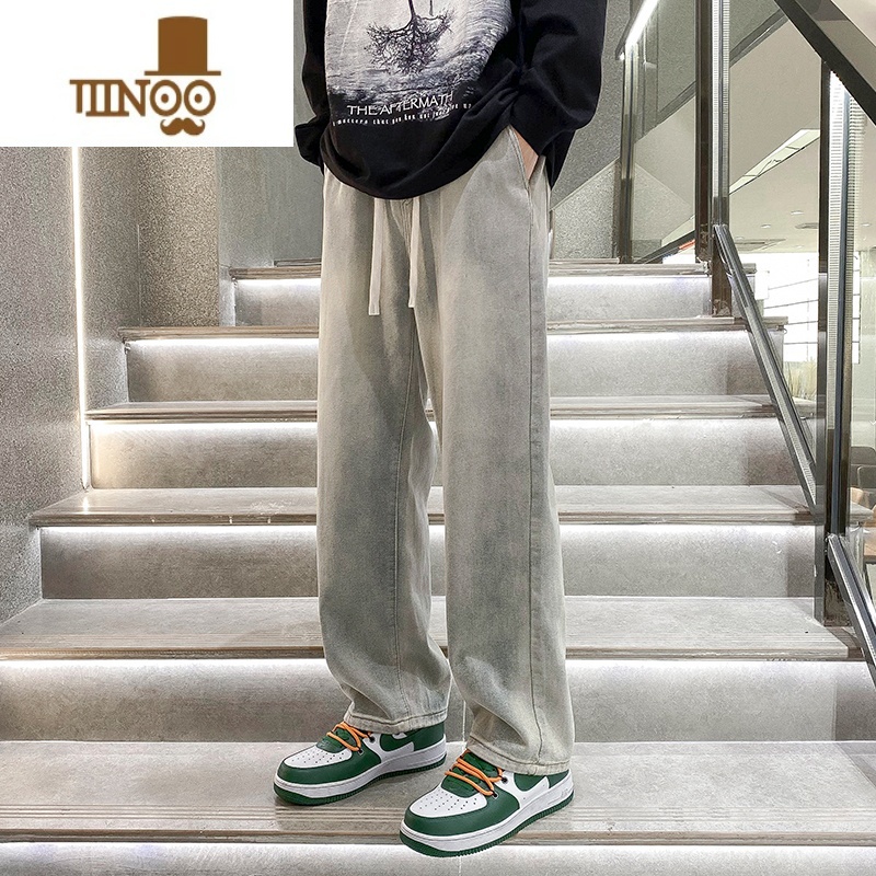 YANXU黄泥染牛仔裤男款美式宽松直筒长裤夏季高街潮牌水洗阔腿休闲裤夏高清大图