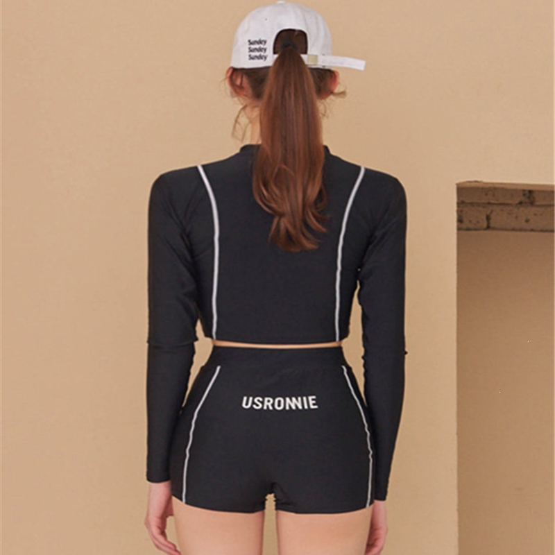 客泳衣女夏保守分体长袖防晒平角高腰遮肚学生韩版泳装女士分体泳衣