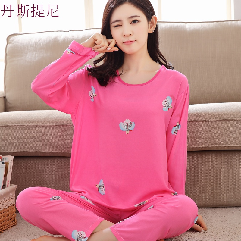 睡衣女夏季棉绸长袖薄款春秋家居服套装可爱绵绸人造棉宽松空服