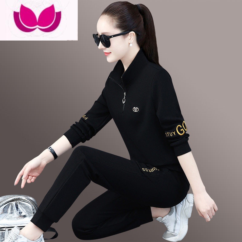 七斓名牌运动服套装女2023年新款时尚洋气休闲女装女士卫衣套 黑色 M(建议85-100斤