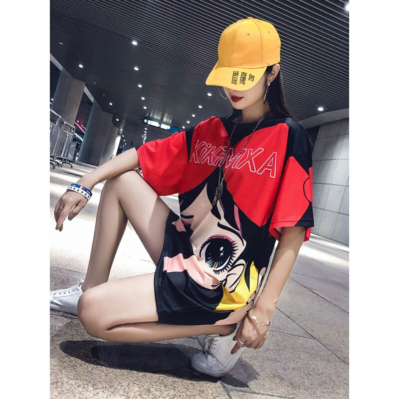 下衣失踪速干T恤女中长款2018夏宽松hiphop衣服卡通嘻哈少女上衣黑色(撑脸女孩)