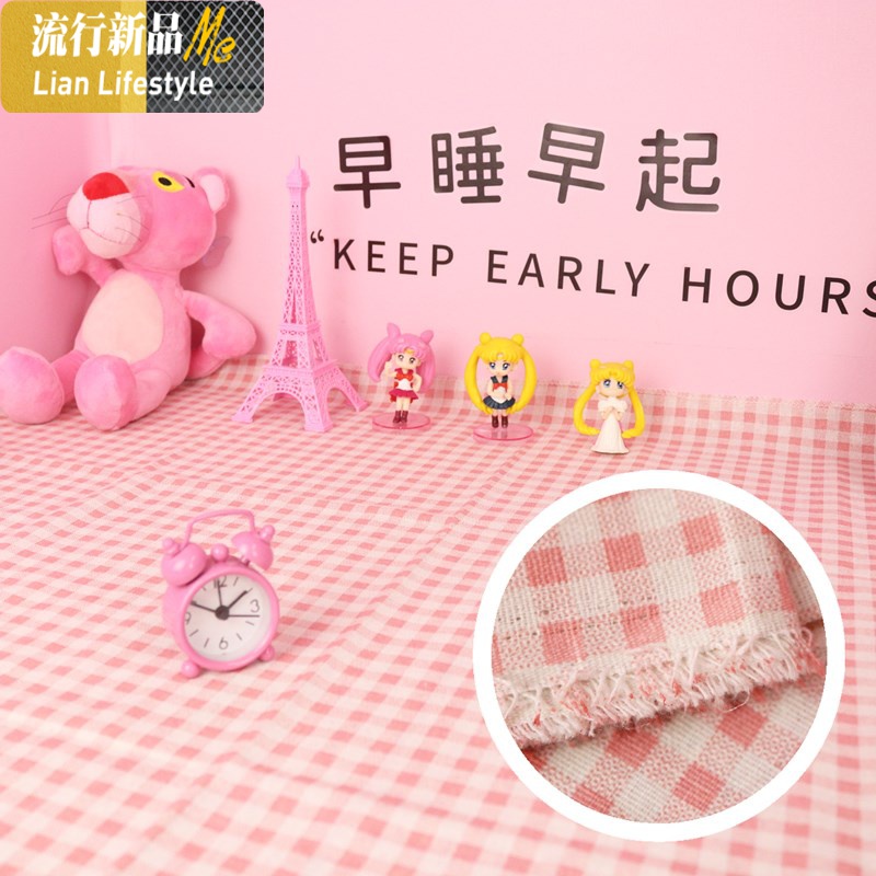 书桌布ins风可爱棉麻少女心粉色布艺化妆台学生宿舍书桌桌垫桌布三维工匠_1 150X95CM 粉格桌布（无锁边）