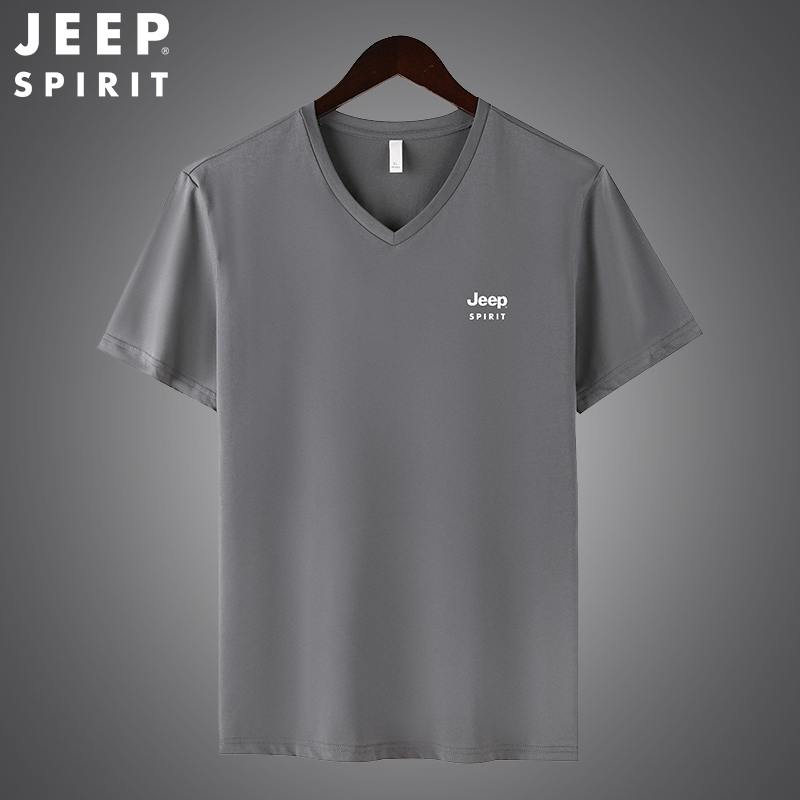 JEEP SPIRIT吉普男士V领T恤夏季透气舒适棉半袖t恤户外鸡心领时尚体恤衫短t