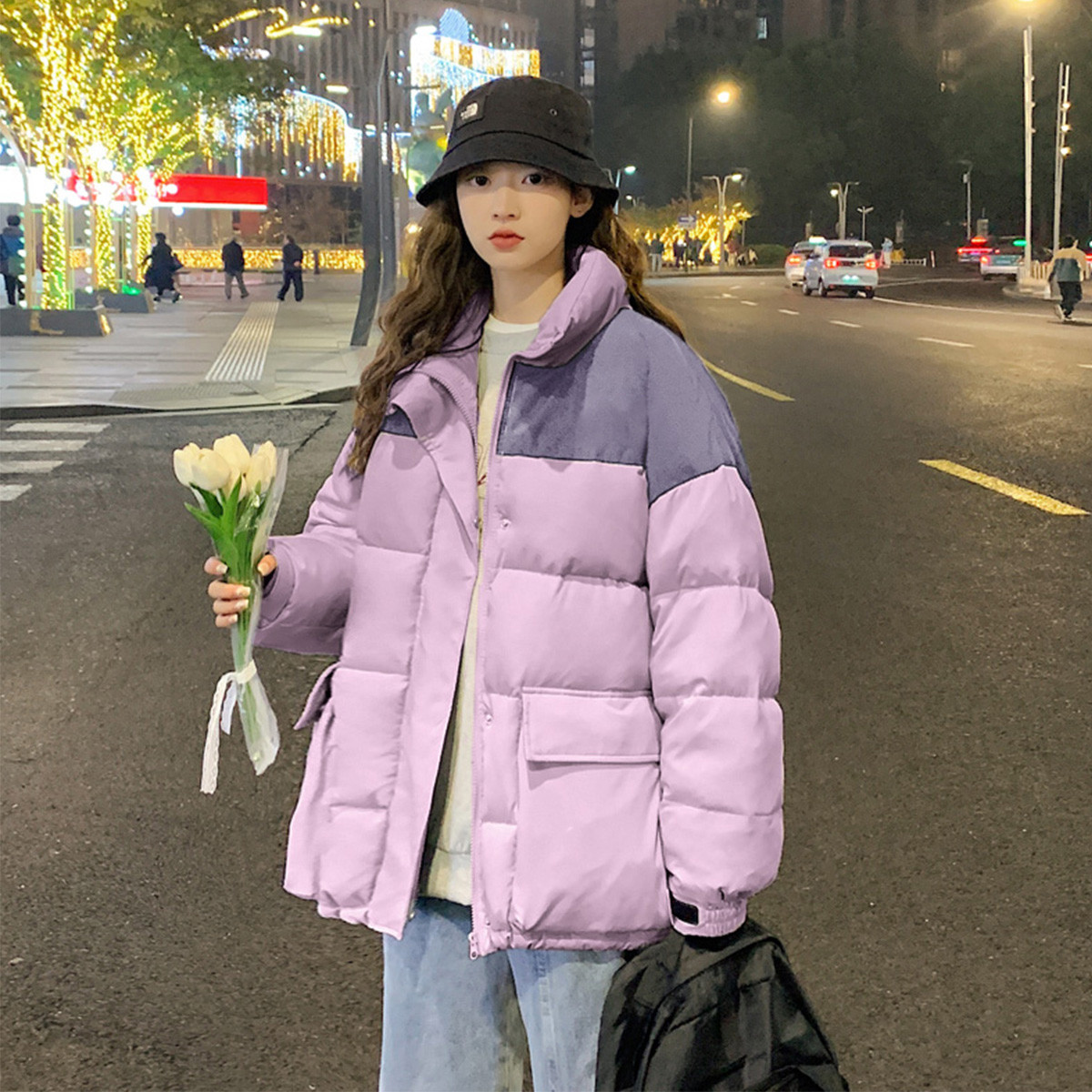 [直降价358元]唐狮冬季羽绒服女立领短款拼色大口袋羽绒服外套男友风潮