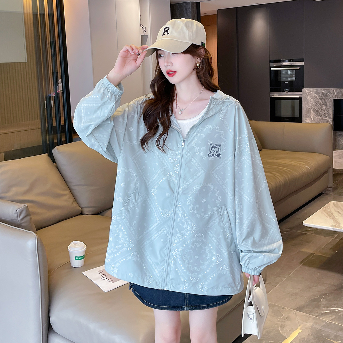 年夏季女连帽满身花短款长袖外套女百搭休闲防晒上衣_5514 青藤绿 M
