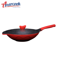 AMERCOOK阿尔菲塔麦饭石炒锅不粘锅32cm 家用炒菜锅平底锅加厚深煎锅带可视锅盖 燃气灶电磁炉通用锅具 咖啡色