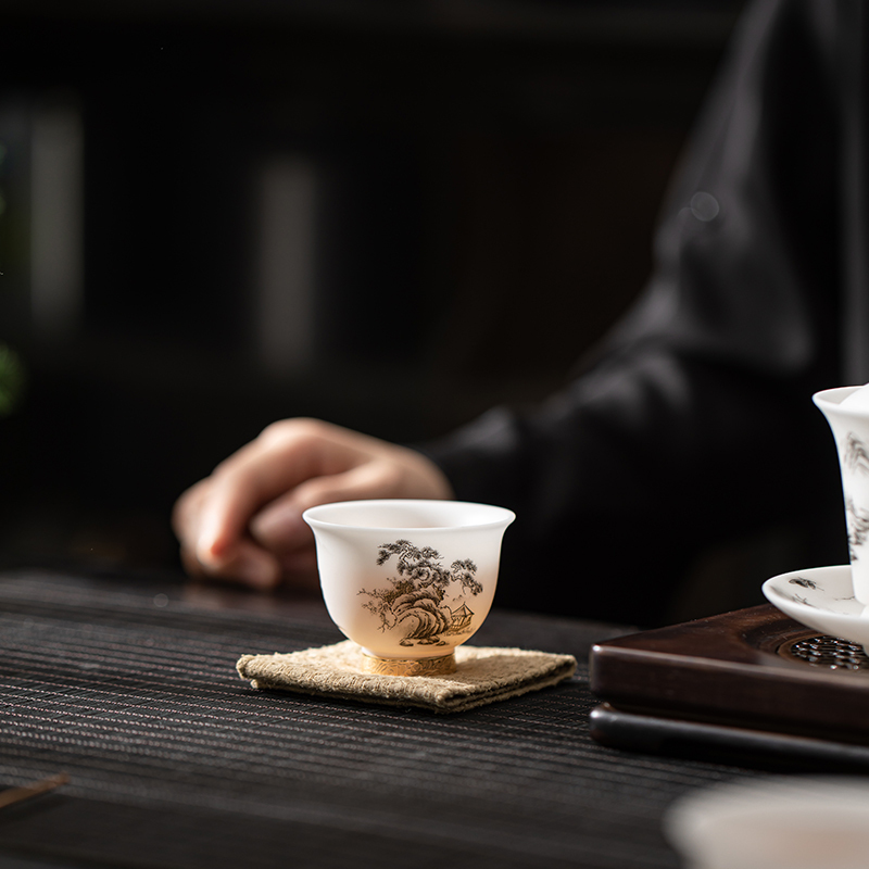 苏氏陶瓷(SUSHI CERAMICS)素烧羊脂玉瓷翠山迎客一碗两杯国家一级技师王文克老师作品