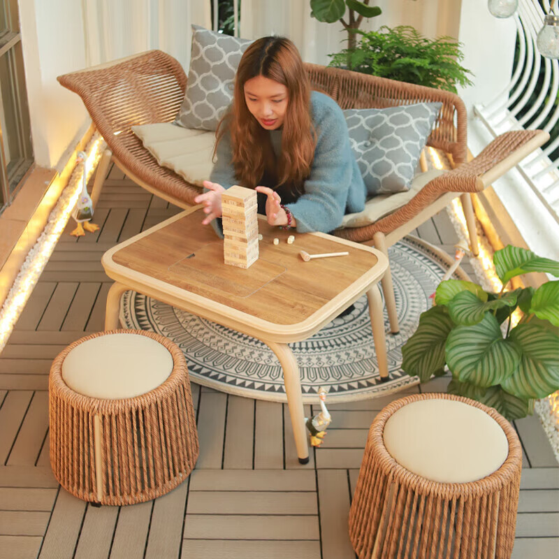 紫叶檀花贵妃椅阳台躺椅藤沙发单人小户型卧室家用简约民宿贵妃榻 【4件套】贵妃椅+茶桌+2圆凳