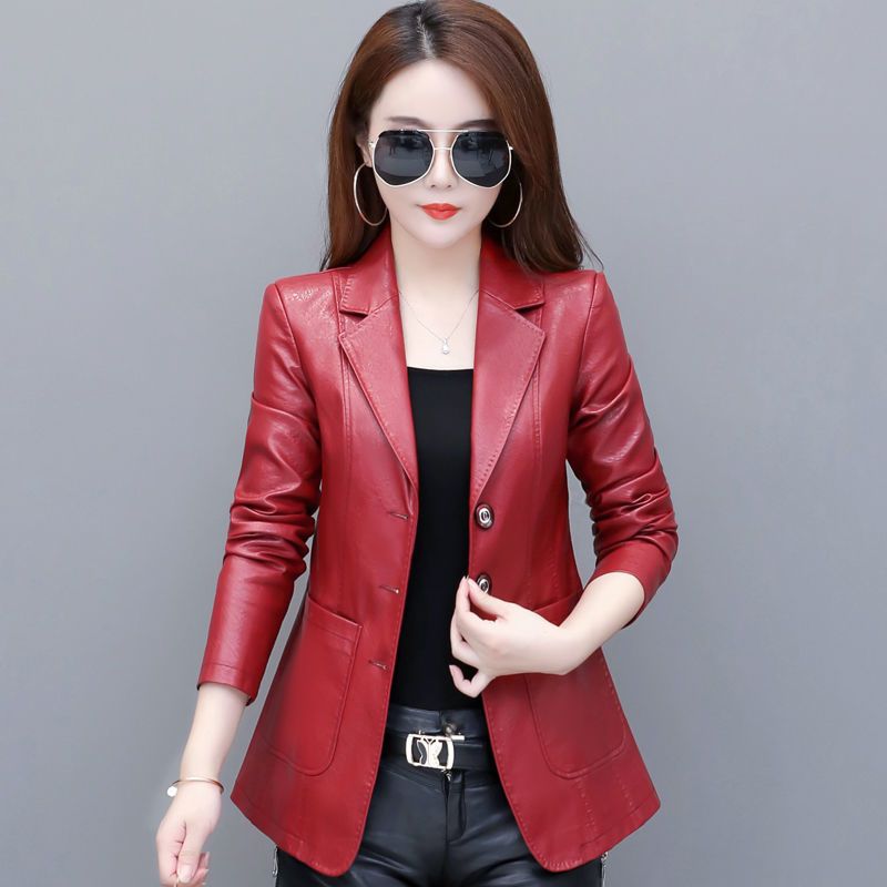 春秋新款海宁皮皮衣女短款韩版修身西装领小皮夹克大码女装外套
