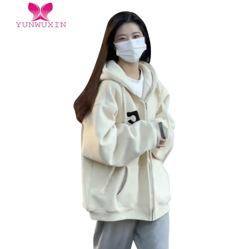 YUNWUXIN2022新款oversize慵懒风奶fufu连帽卫衣女奶系拉链开衫外套