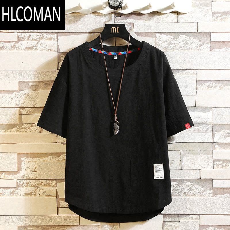HLCOMAN棉麻短袖t恤男装夏季半袖宽松上衣服休闲潮流大码亚麻薄款体恤衫图片