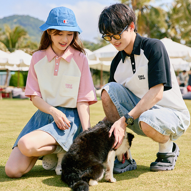 [2.5折价72元]唐狮夏季新款情侣短袖polo衫男拼接插肩袖翻领t恤女情侣装潮