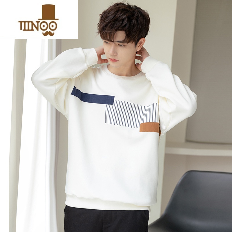 YANXU个性拼接圆领卫衣男2023新款简约休闲百搭青年无帽套头上衣高清大图