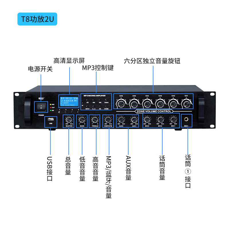 唯舒T8-130 会议音频视频校园广播系统定压大功率功放机6分区功率放大器MP3收音功放带遥控130W高清大图