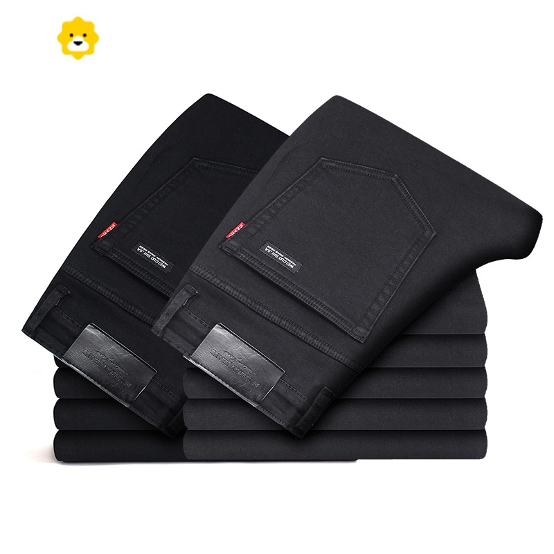 fishbasket纯黑色牛仔裤男季厚款超高弹力直筒裤休闲男士长裤子青年季