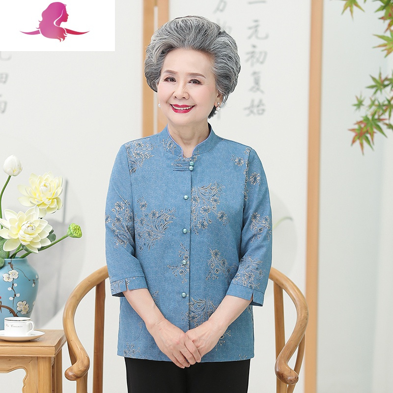 艳如飞老年人妈妈夏装衬衫女两件套奶奶春装上衣套装70-80岁老太太衣服套装