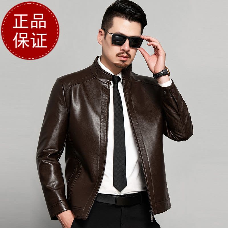 免费试穿 海宁绵羊皮软皮衣男真皮短款立领真羊皮中年机车皮夹克修身外套潮海宁真皮绵羊皮图片