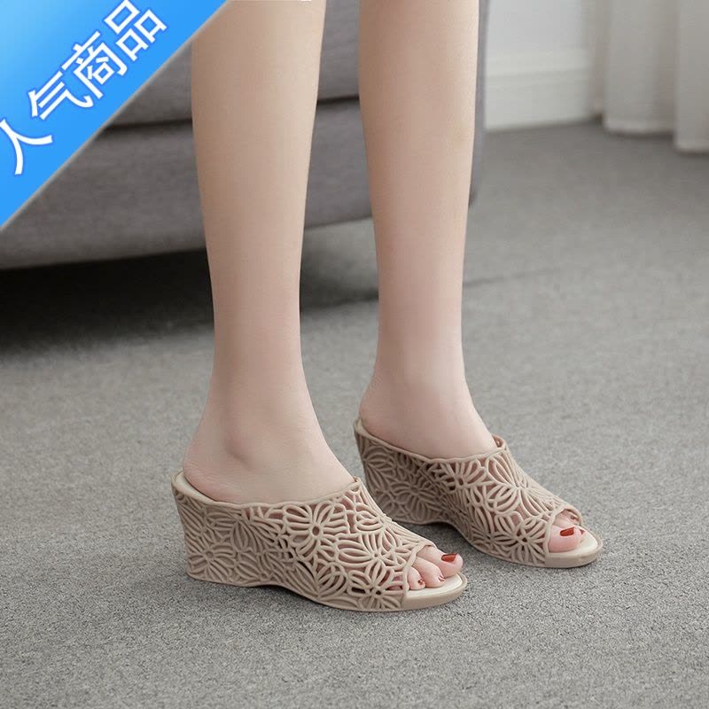 SUNTEK夏季新款镂空高跟果冻拖鞋女士防滑塑料坡跟凉拖鞋时尚室外穿厚底图片